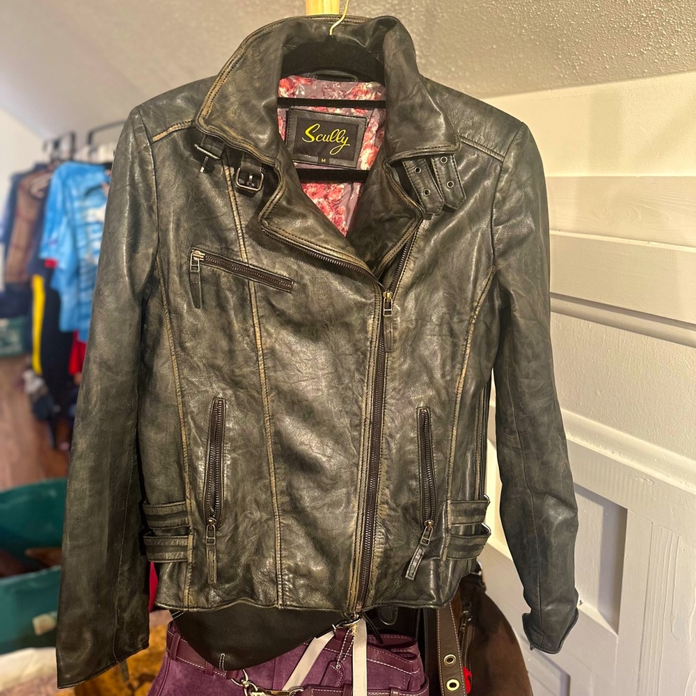 Black leather 100% lamb Scully distressed moto biker jacket buckle & zipper